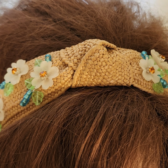 Handbeaded Tan Straw Rattan Beaded Headband One of a Kind - Picture 3 of 3